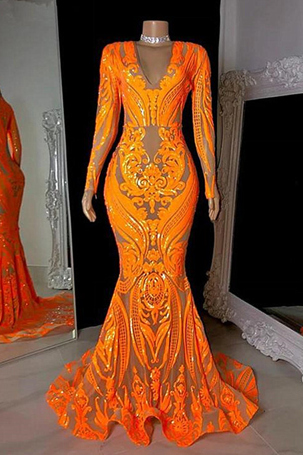 BMbridal Long Sleeves Orange Mermaid Prom Dress Long Lace Sequins-BMbridal