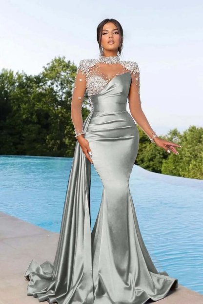 Bmbridal Purple Long Sleeves Evening Gown Mermaid Ruffle With Crystals