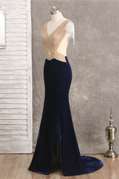 BMbridal Chic V-Neck Mermaid Black Prom Dresses Sleeveless Beadings with Tassels Online