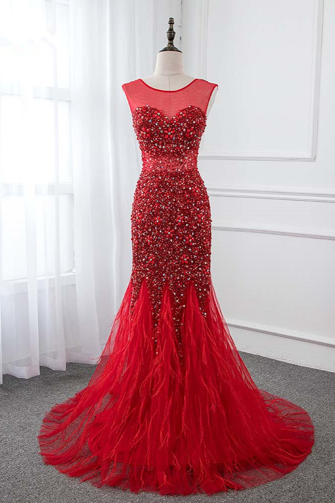 BMbridal Glamorous Jewel Sleeveless Burgundy Mermaid Prom Dresses with Beadings