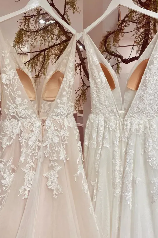 Classic Backless Long A-Line V-Neck Wedding Dress with Tulle Lace