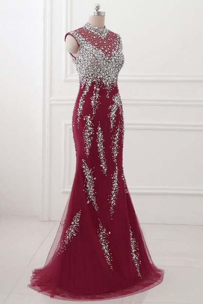 BMbridal Luxury High-Neck Burgundy Mermaid Prom Dresses Sleeveless with White Rhinestones