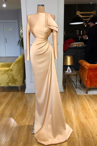 Charming High Neck Champagne Prom Dress Mermaid Long Sleeves With Pleated