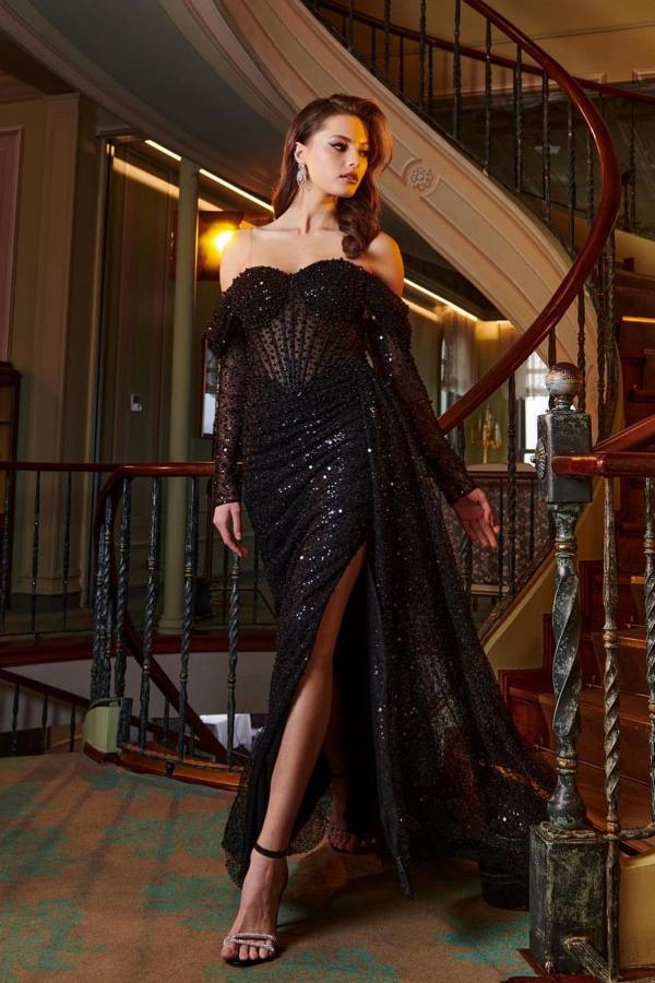 Bmbridal Black Long Sleeves Sequins Wedding Reception Dress Split-BMbridal