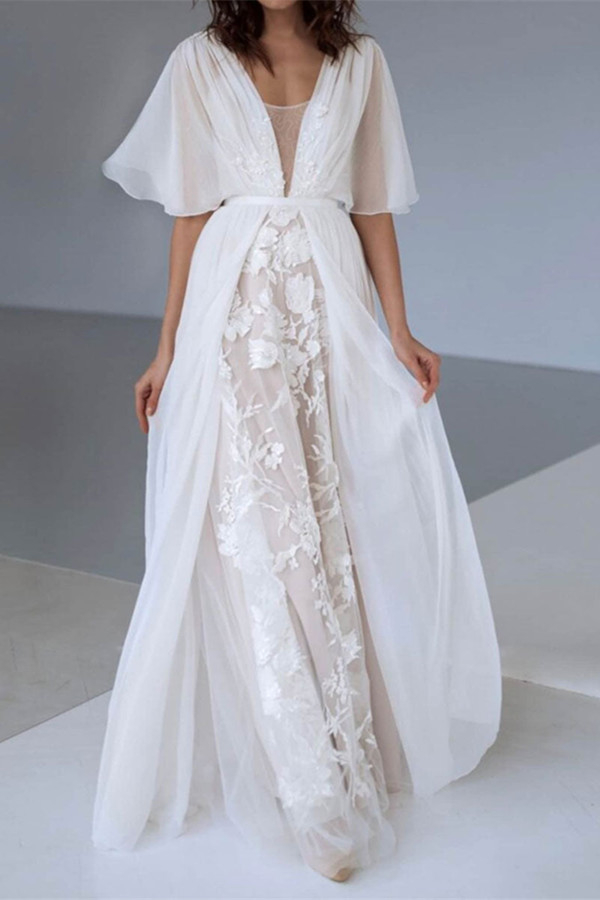 V-Neck Chiffon A-Line Lace Boho Wedding Dress with Belt