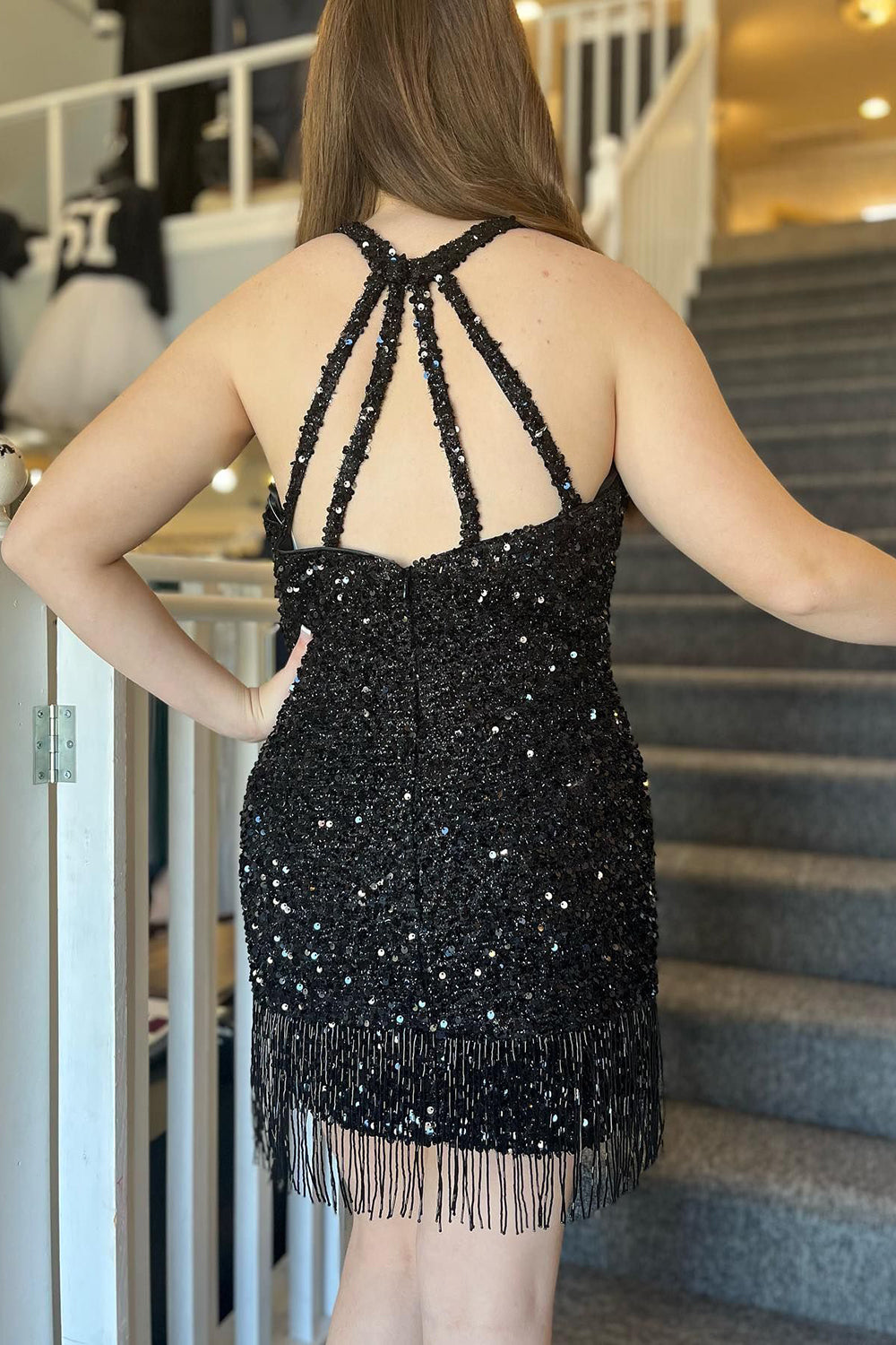 Sparkly Black Sequined Tight Short Homecoming Dress with Fringes-BMbridal