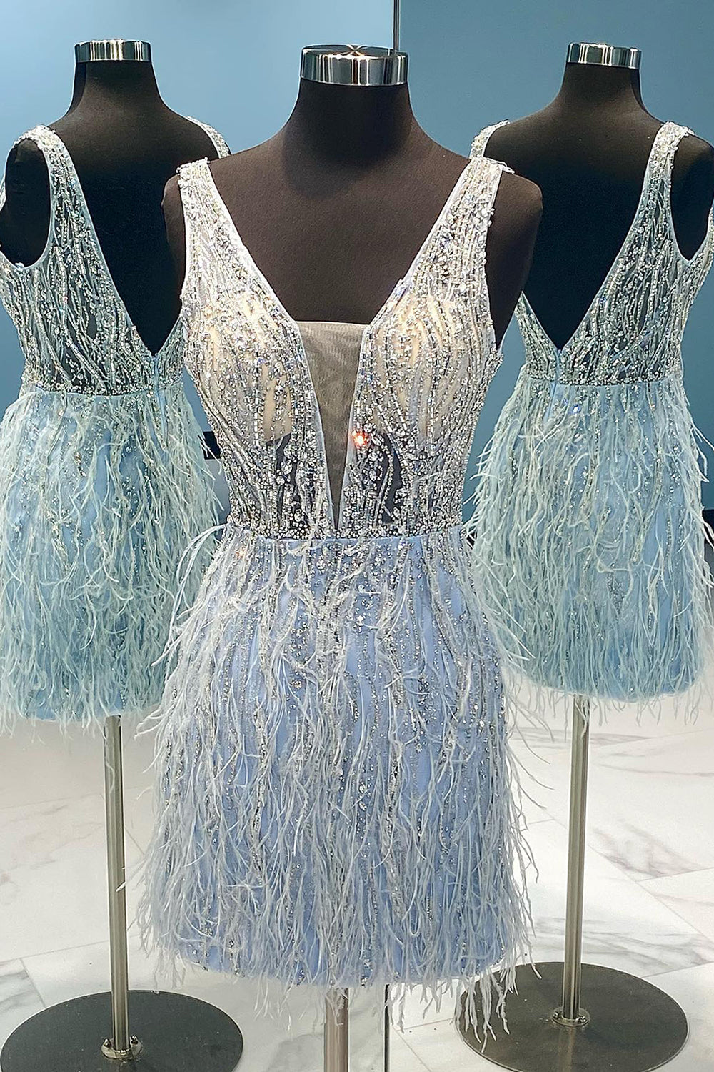 Light Blue Beaded Sequins Tight Homecoming Dress with Feathers-BMbridal