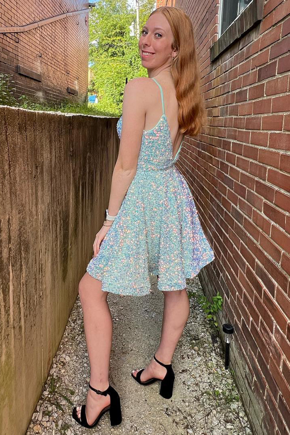 Light Blue A-Line Backless Sequins Homecoming Dress-BMbridal