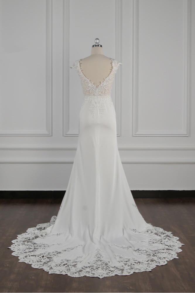 BMbridal Elegant V-neck Chiffon Lace Wedding Dress Beadings Appliques Mermaid Bridal Gowns Online-BMbridal