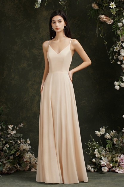 BMbridal Spaghetti-Straps V-Neck Champagne Bridesmaid Dress Long Sleeveless