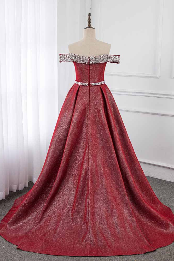 BMbridal Gorgeous Off-the-Shoulder Beading Burgundy Prom Dress with Sash
