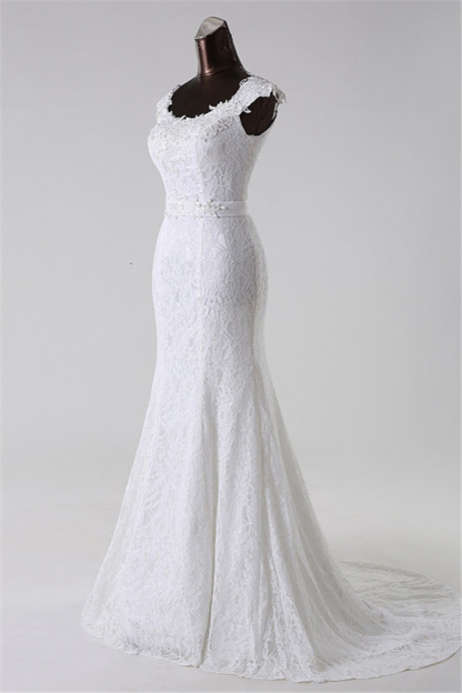 BMbridal Gorgeous Lace Jewel Mermaid White Wedding Dresses with Appliques Online