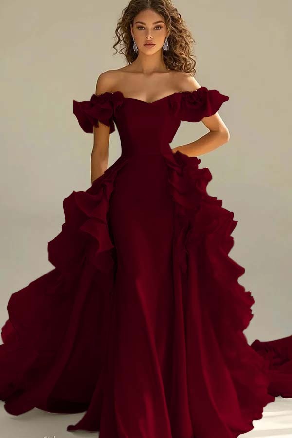 Off the Shoulder Sleeveless Long Mermaid Prom Dress With Ruffles
