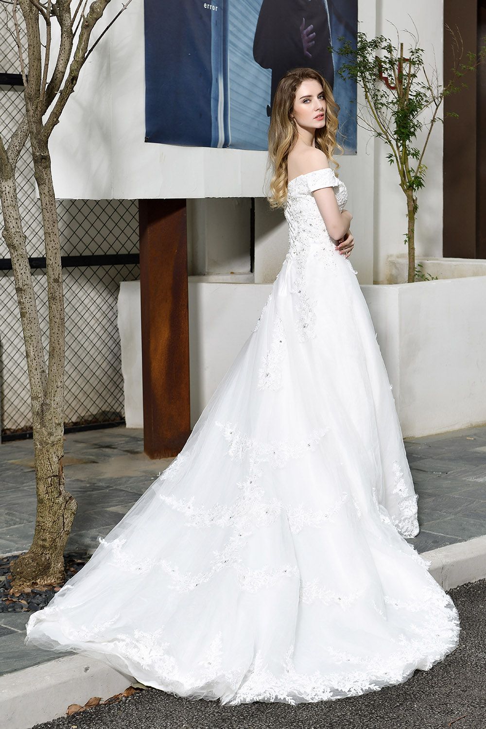 BMbridal Gorgeous Lace Off-the-Shoulder Long Wedding Dress with Beadings