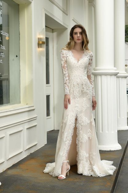 BMbridal Exquisite Sheath V-Neck Long Sleeves Wedding Dress With Slit