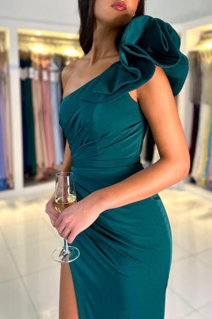 Bmbridal Dark Green One Shoulder Evening Dress Split Long On Sale