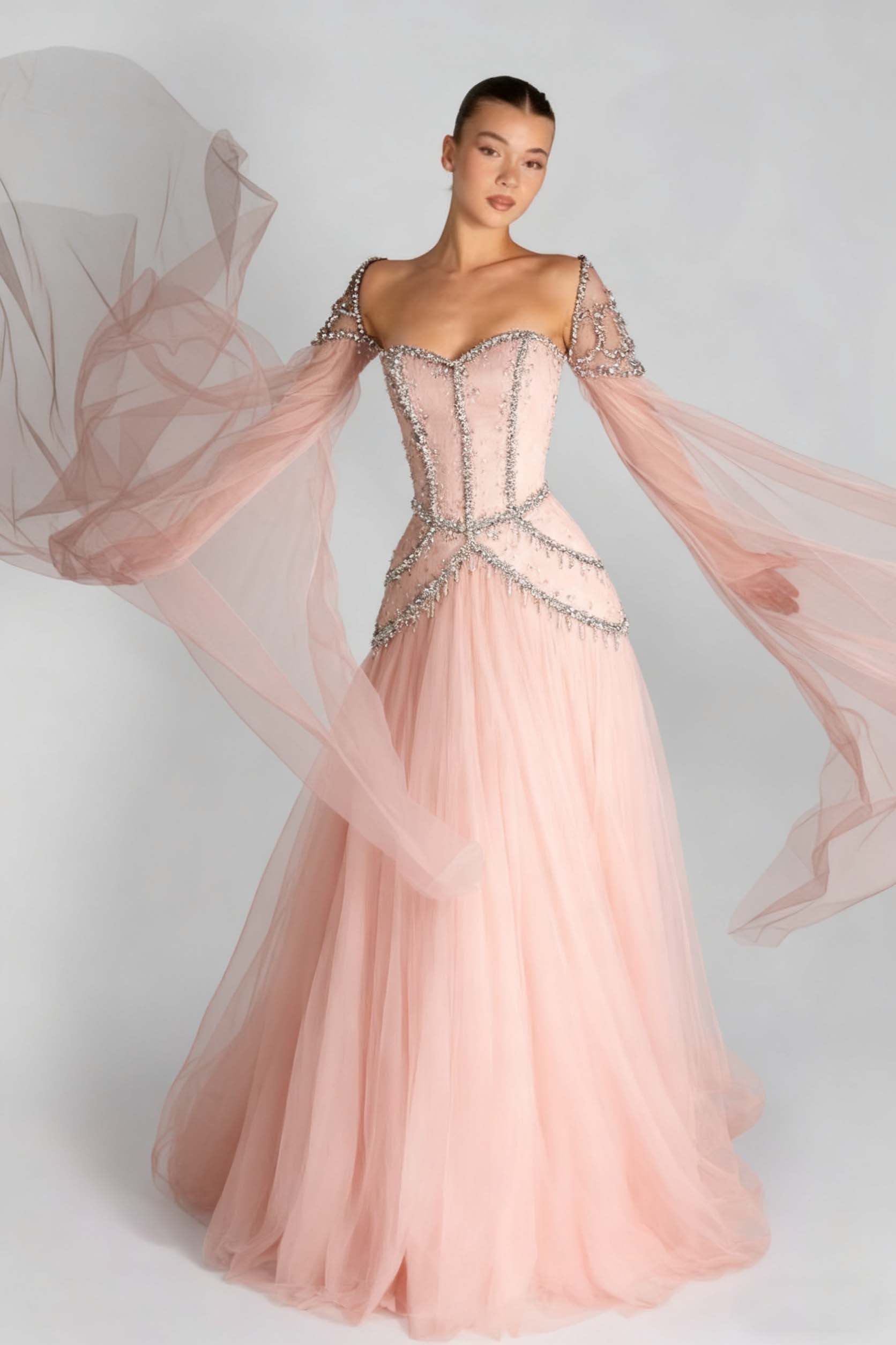 Long Sleeves Sweetheart Long A Line Prom Dress With Pleated Beading