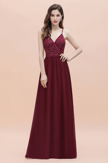 BMbridal Fabulous A-line Burgundy Chiffon Bridesmaid Dress V-Neck Spaghetti Straps Sequins Evening Dress-BMbridal