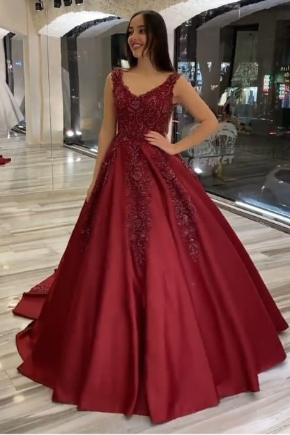 Glamorous Backless A-Line Satin Ruffles V-Neck Train Wedding Dress with Appliques Beading