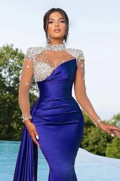 Prom Dress Long Mermaid Satin With Trail Beadings Long Sleeves Purple