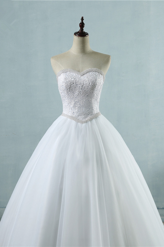 BMbridal Affordable Strapless Tulle Lace Wedding Dresses Sweetheart Sleeveless Bridal Gowns with Pearls Online-BMbridal