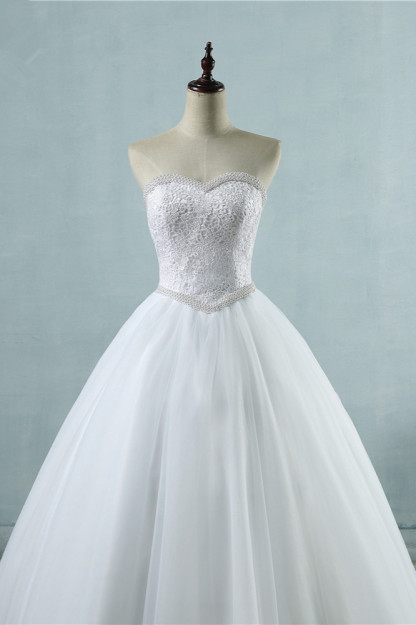 BMbridal Affordable Strapless Tulle Lace Wedding Dresses Sweetheart Sleeveless Bridal Gowns with Pearls Online-BMbridal