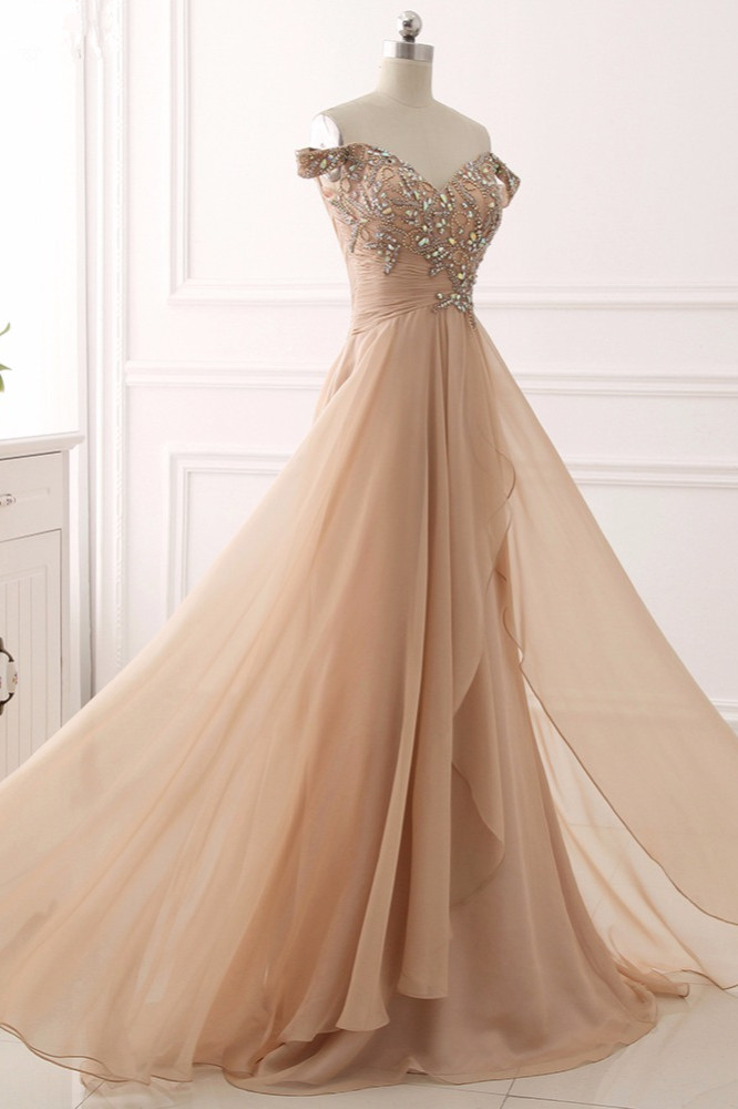 BMbridal Elegant Off-the-Shoulder Sweetheart Ruffle Prom Dresses with Appliques Beadings-BMbridal