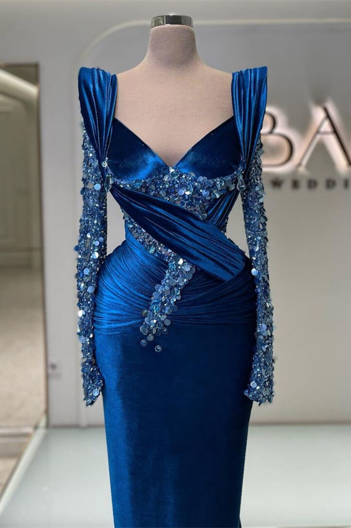 Beautiful Mermaid Sweetheart Long Sleeve Rhinestone Satin Blue Prom Dress