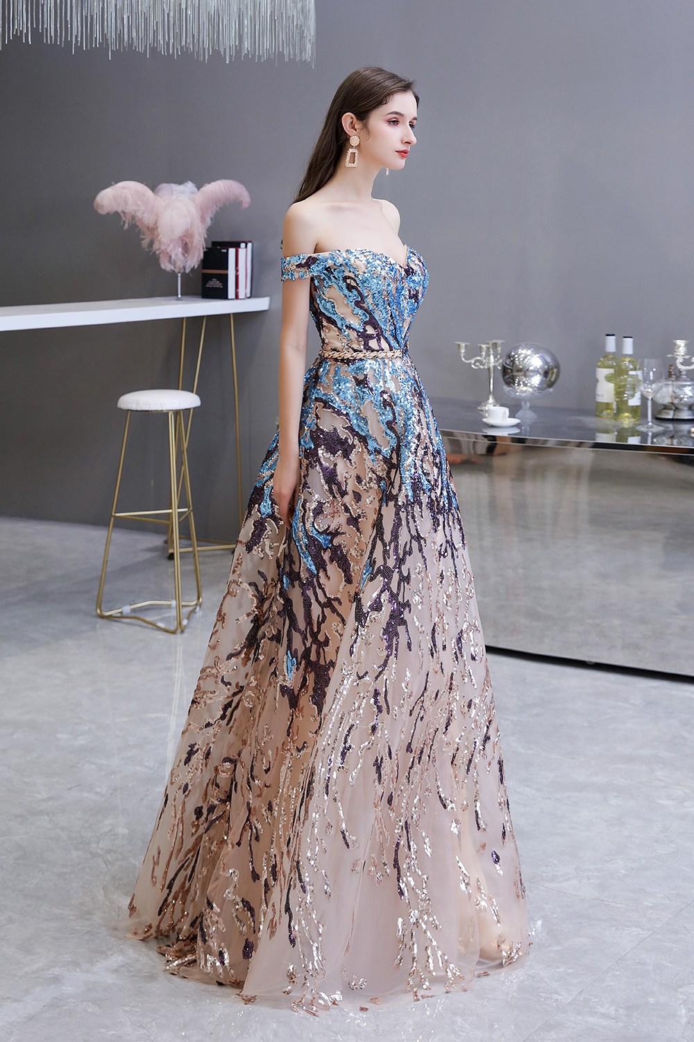 BMbridal Glamorous Off-the-Shoulder Sequins Evening Gowns Long Multi-Color Prom Dress