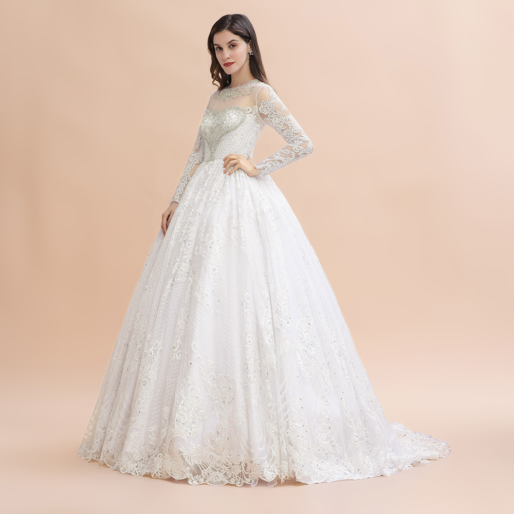 BMbridal Glamorous Jewel Tulle Lace Wedding Dress Long Sleeves Appliques Beadings Bridal Gowns Online-BMbridal