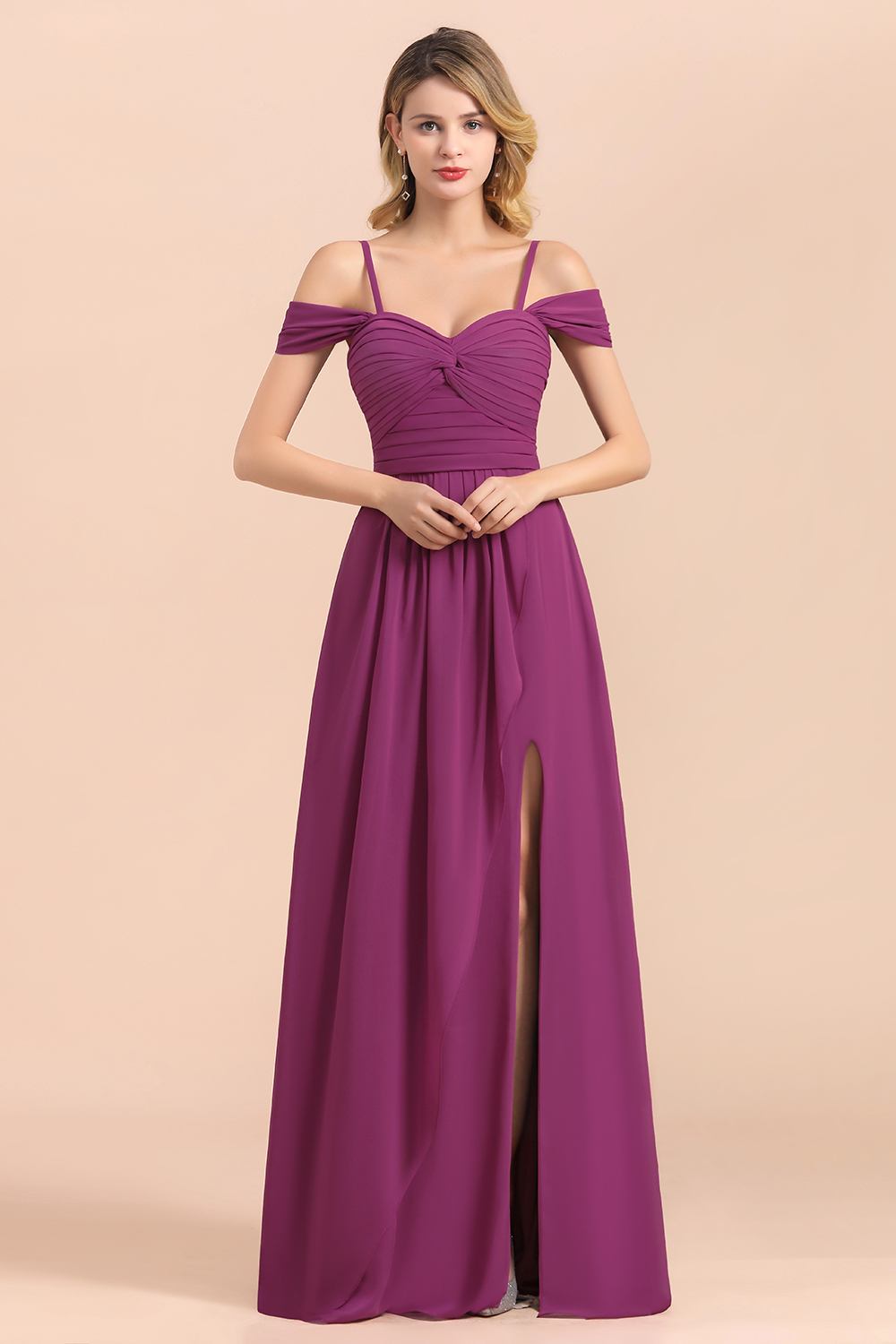 BMbridal Gorgeous Off-the-Shoulder Ruffle Orchid Bridesmaid Dress Online with Slit-BMbridal