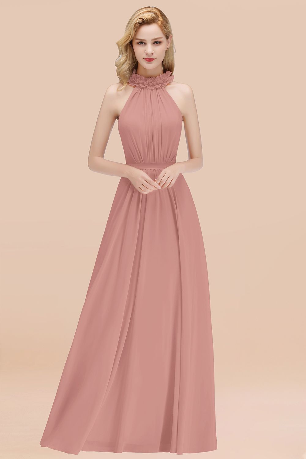 BMbridal Modest High-Neck Halter Ruffle Chiffon Bridesmaid Dresses Affordable-BMbridal