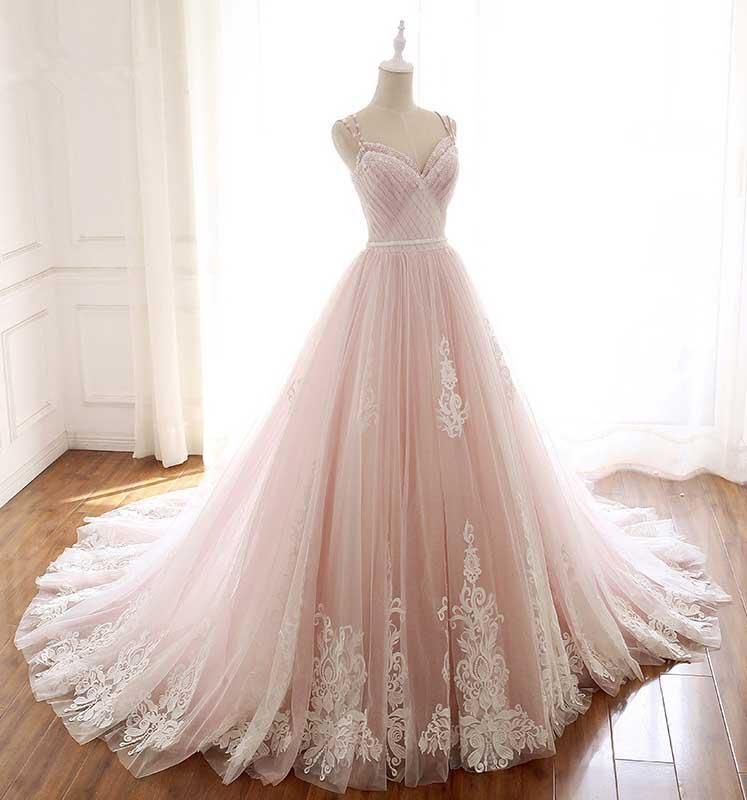 BMbridal Princess Sweetheart Lace Pink Prom Dress Long Tulle Party Gowns