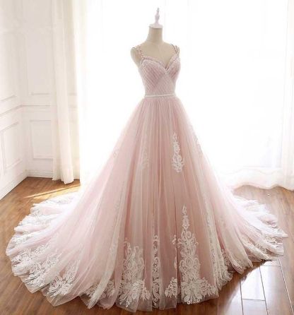 BMbridal Princess Sweetheart Lace Pink Prom Dress Long Tulle Party Gowns