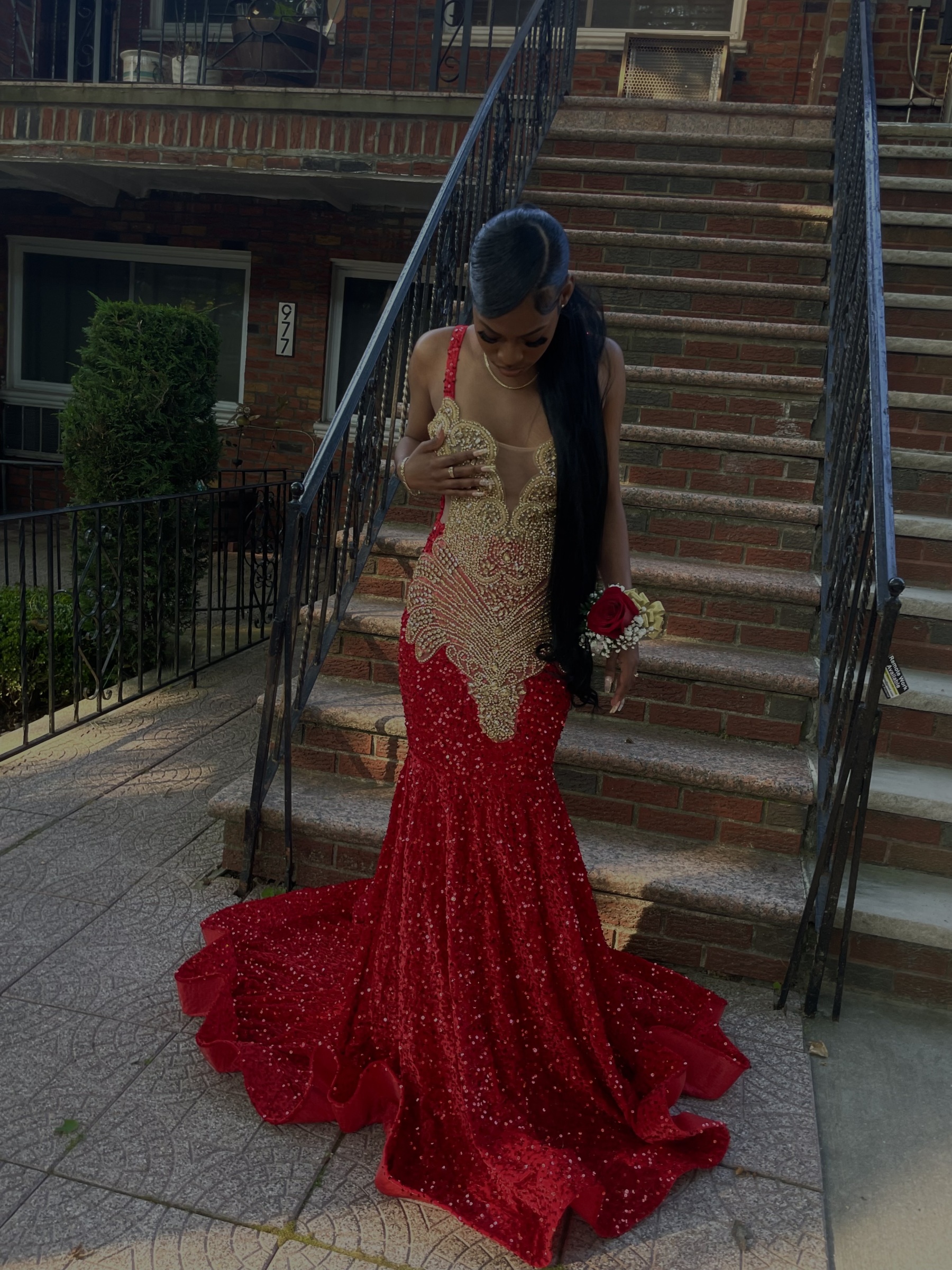 Red Square Mermaid Evening Dress Beads Sequins Long Sleeveless