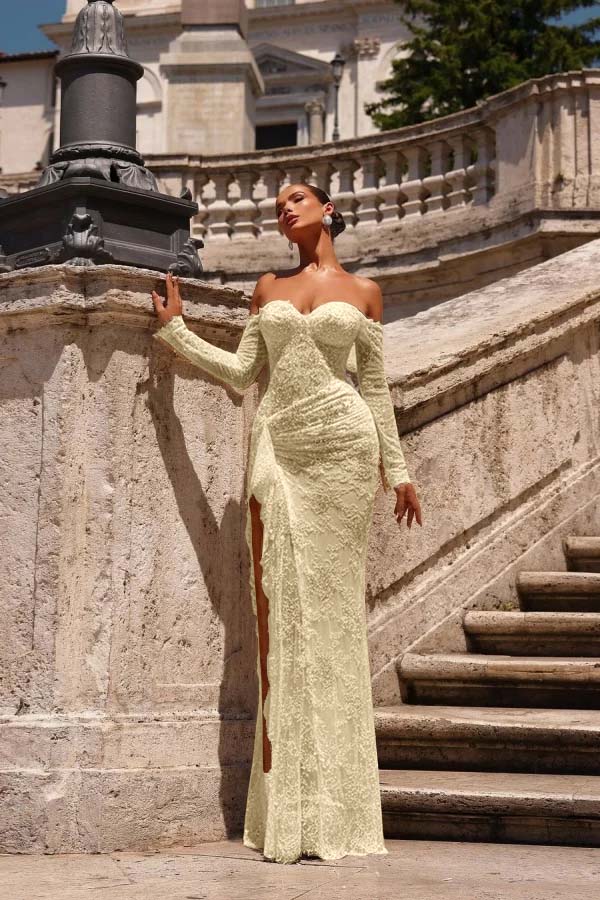 Off the Shoulder Long Sleeves Long Mermaid Prom Dress With Lace Appliques