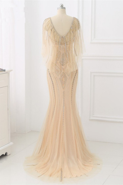 BMbridal Elegant Tulle Jewel Beadings Mermaid Prom Dresses with Ruffles Online
