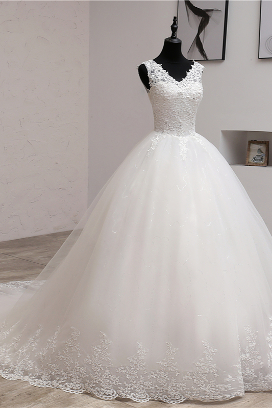 BMbridal Ball Gown V-Neck White Tulle Wedding Dresses Sleeveless Lace Appliques Bridal Gowns with Beadings-BMbridal