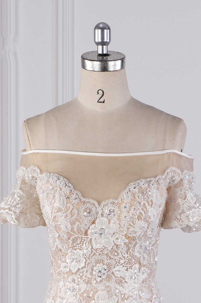 BMbridal Glamorous Mermaid Tulle Lace Wedding Dress Appliques Beadings Short Sleeves Bridal Gowns On Sale-BMbridal