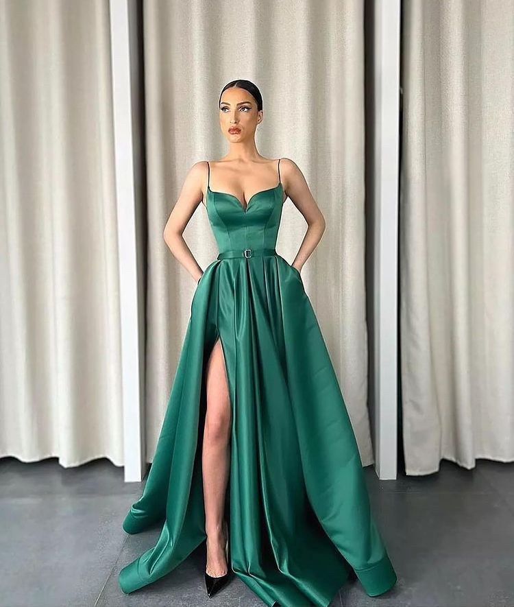 Bmbridal Emerald Green Spaghetti-Straps Prom Dress Slit Online