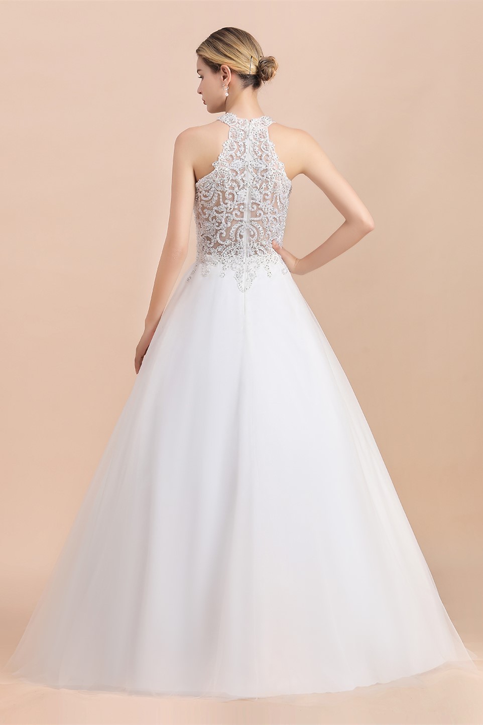 BMbridal Exquisite High-Neck Lace Wedding Dress Appliques Sequins Sleeveless Bridal Gowns On Sale-BMbridal