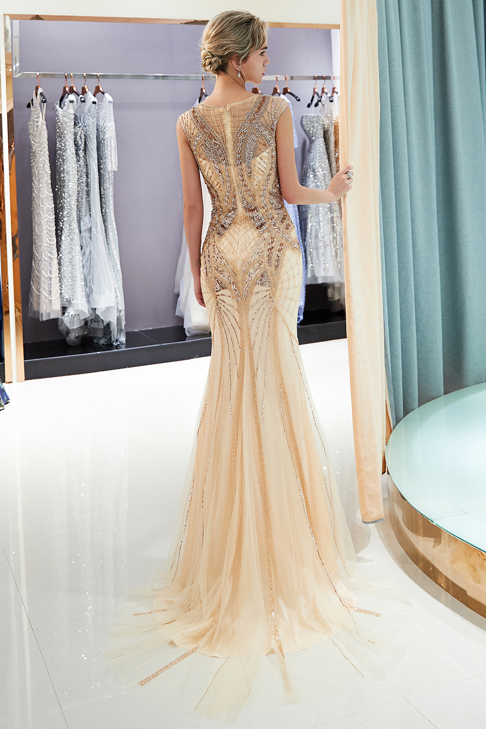 BMbridal Affordable Mermaid Sleeveless Golden Sequins Beading Formal Party Dresses