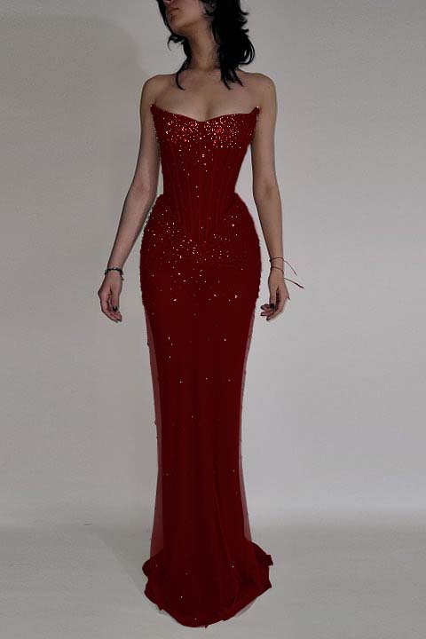 Strapless Sleeveless Mermaid Long Prom Dress With Beading Tulle