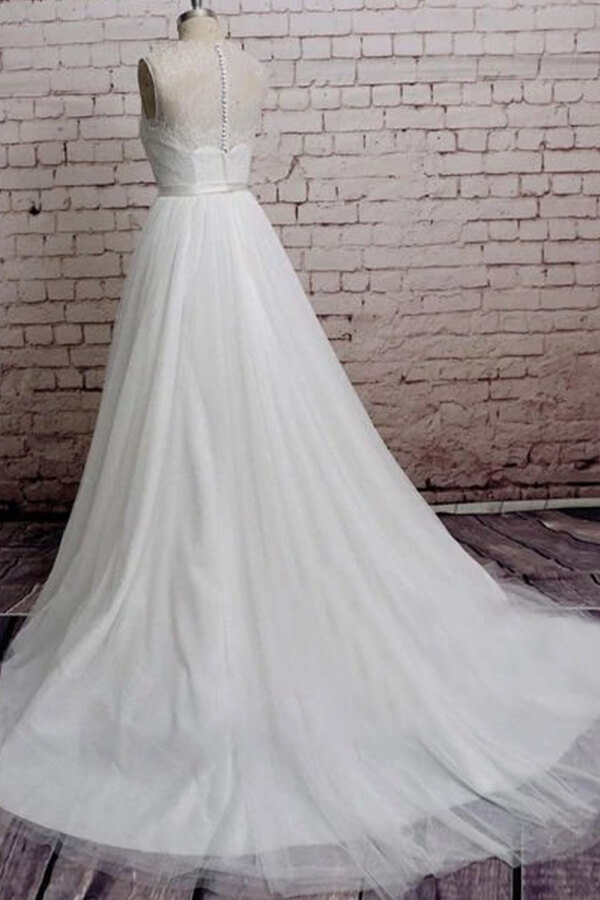 BMbridal Illusion Lace Tulle Chapel Train Wedding Dress Online-BMbridal