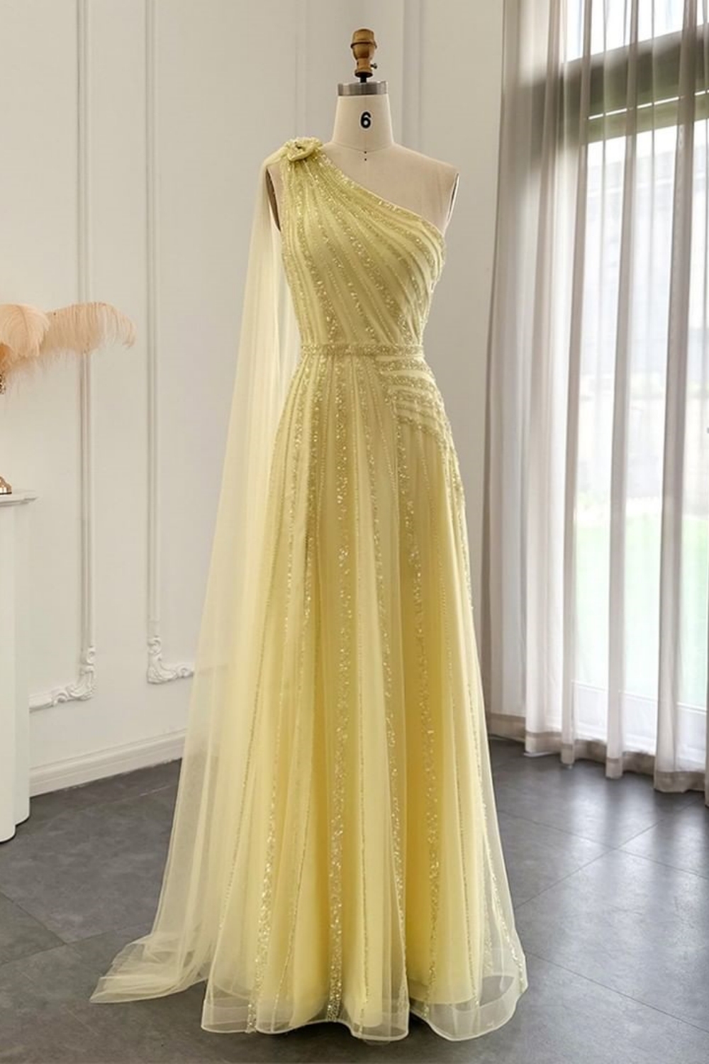 Bmbridal A-Line Dusty Sage One Shoulder Tulle Sleeveless Prom Dresses