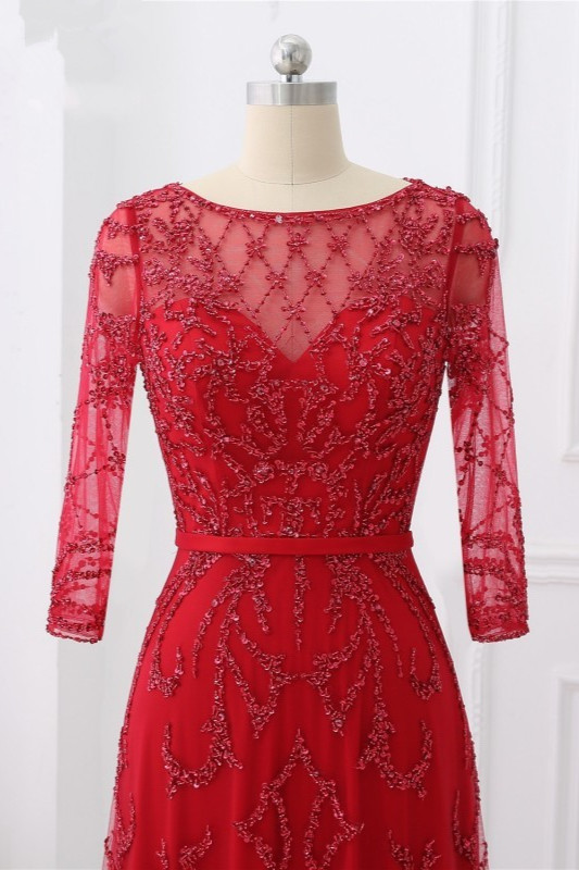 BMbridal Glamorous Red Tulle Jewel Appliques Prom Dresses Long Sleeves with Rhinestones On Sale