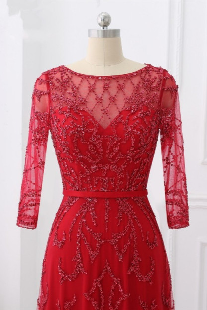 BMbridal Glamorous Red Tulle Jewel Appliques Prom Dresses Long Sleeves with Rhinestones On Sale