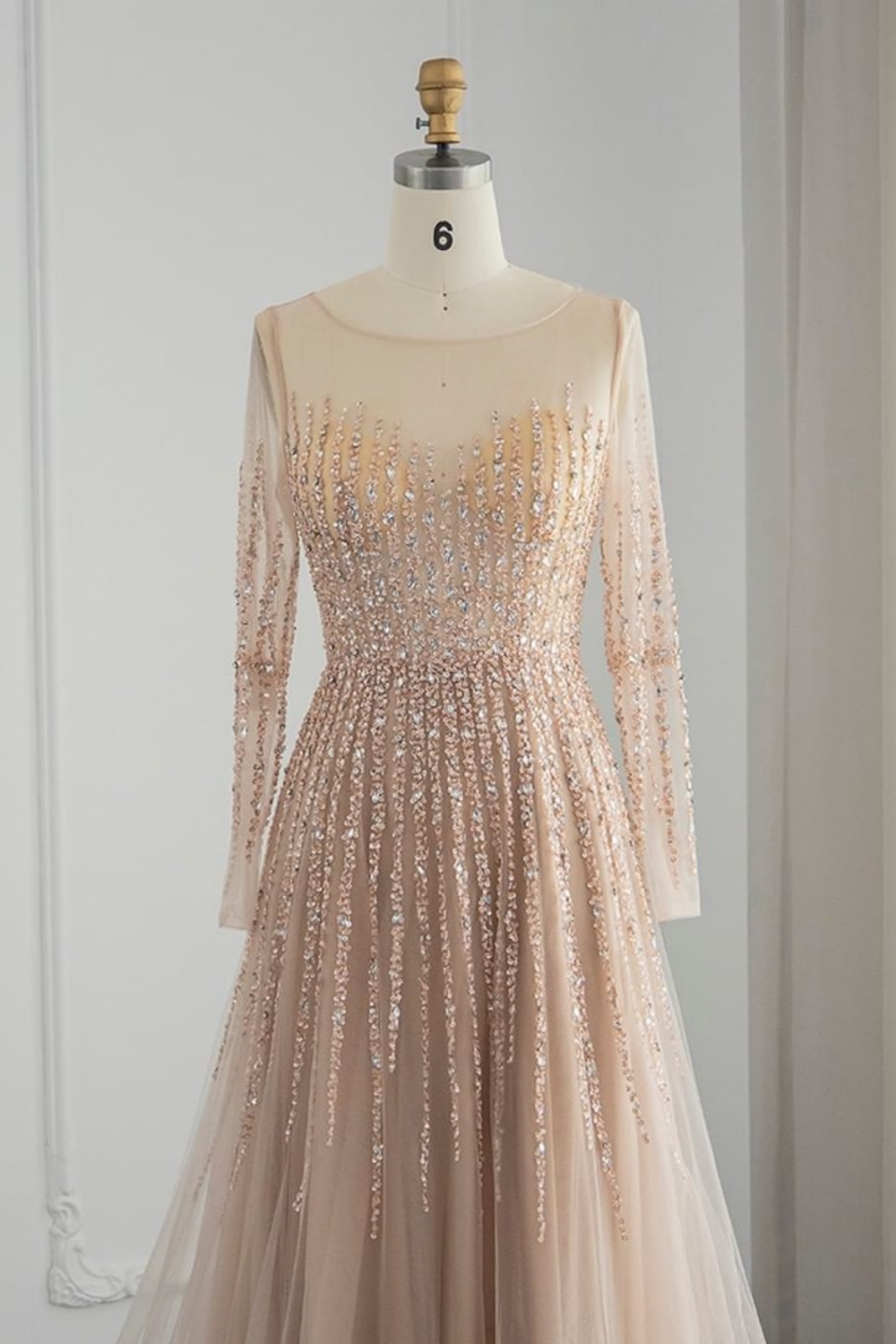 Bmbridal Champagne A-Line Long Sleeves Scoop Prom Dresses with Ruffles