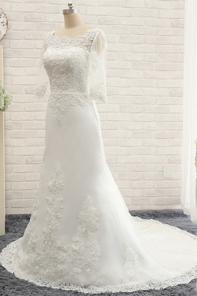 BMbridal Affordable Jewel White Tulle Lace Wedding Dress Half Sleeves Appliques Bridal Gowns Online