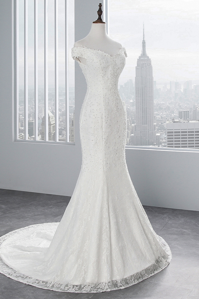 BMbridal Elegant Lace Off-the-Shoulder White Mermaid Wedding Dresses Affordable Online